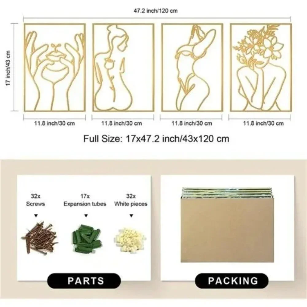4 Pack Gold Wall Art Décor Minimalist Single Line Art Wall Décor Real Metal